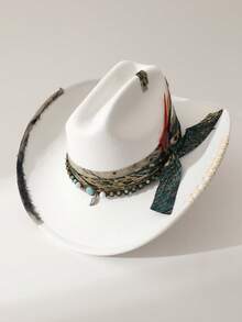 1pc Women's Fashion Solid Color Brimmed Hat, Vintage Wide Belt & Scarf Decor, Minimalist Feather Accent, Hand-Embroidered Tie Decor, Wide Brim Flattering Fit Unisex Versatile Style