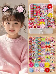 175 Stücke buntes Haarschmuck Set für Mädchen, süße Regenbogen Einhorn Haarspangen, Strass Blumen Haarnadeln, bedruckte Schleifen Haargummis, elastische Tüll Haargummis, vielseitig für den täglichen Gebrauch und Partys