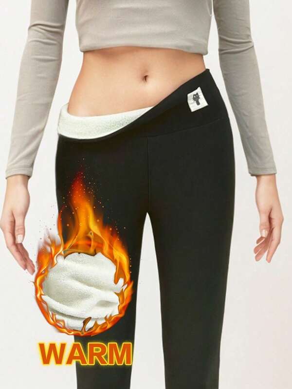 Women's Thermal Lined Thermal Leggings, Stretchy Skinny Pants, Solid Black Color, Suitable For Cold Winter Weather And Outdoor Activities Like Skiing, Autumn/Winter