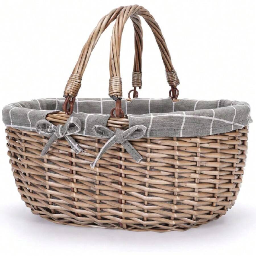 Oval Picnic Basket With Folding Handles, Willow Hand Woven Shopping Basket, Bath Toy Toy Storage Gift Packing Basket, Wicker Empty Easter Eggs And Candy Small Gift Basket.GreyCheck,24515603 - 灰色 - 查看 1