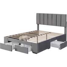 Upholstered Bed 140 X 200 Cm In Velvet, With Slatted Base, With Backrest, With 4 Drawers, Grey - Grey - View 11