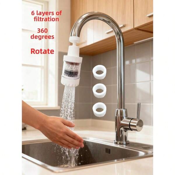 Filtro de grifo giratorio 360°, sistema de purificación profunda de 6 capas anti-salpicaduras y ahorro de agua, extensión de filtro de agua para el hogar universal con cartucho de filtro visible, apto para agua fría y caliente, sistema de filtración preciso mejorado de 6 capas, el algodón PP bloquea eficazmente las partículas grandes como el barro y el óxido, la segunda capa de carbón activado absorbe profundamente el cloro residual y otras impurezas, asegurando que cada gota de agua sea talla grande pura.