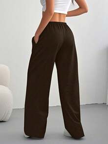 Women's Casual Solid Color Drawstring Waist Sports Pants Spring - Brown - View 2