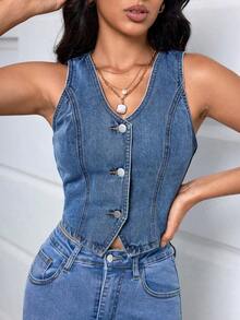 Chaleco de mezclilla con botones frontales para mujer, casual de verano - Azul lavado medio - Ver 1