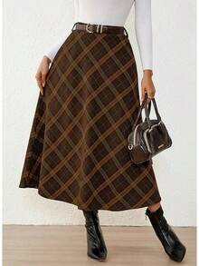 High Waisted A Line Midi Skirts Women With Pockets, Plaid, Elegant, Work Dress, Long, Wool Tartan, Flowy, Fall & Winter Skirts, Going Out Outfits Women, Coffee Color - 棕色 - 查看 7