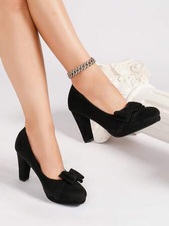 New Fashionable Sexy Suede Slip-On Bow Decor Round Toe Slip-On Thick Heel Platform High Heels, Multi-Seasonal Colors, Suitable For Daily Wear, Parties, Formal Occasions, Comfortable And Stylish