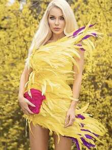 1 Yard Multi-Color Natural Rooster Feather Trim 25-30cm Wide - Premium Tail Feather Fringe ForEmbroidery & DlY Crafts, Luxury Costume Decor For Wedding Party Attire, Bohemian Garment Accent - Yellow - View 6