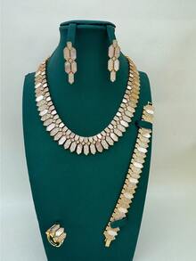 4pcs Dubai Style Luxury Seashell Jewelry Set, Micro-Inlaid Zirconia Necklace, Bracelet, Ring, Earrings, Fashionable Middle Eastern Style, Suitable For Daily Wear, One Size