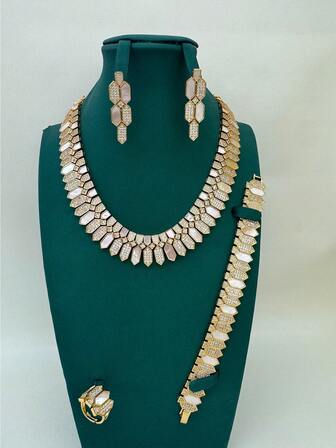 4pcs Dubai Style Luxury Seashell Jewelry Set, Micro-Inlaid Zirconia Necklace, Bracelet, Ring, Earrings, Fashionable Middle Eastern Style, Suitable For Daily Wear, One Size