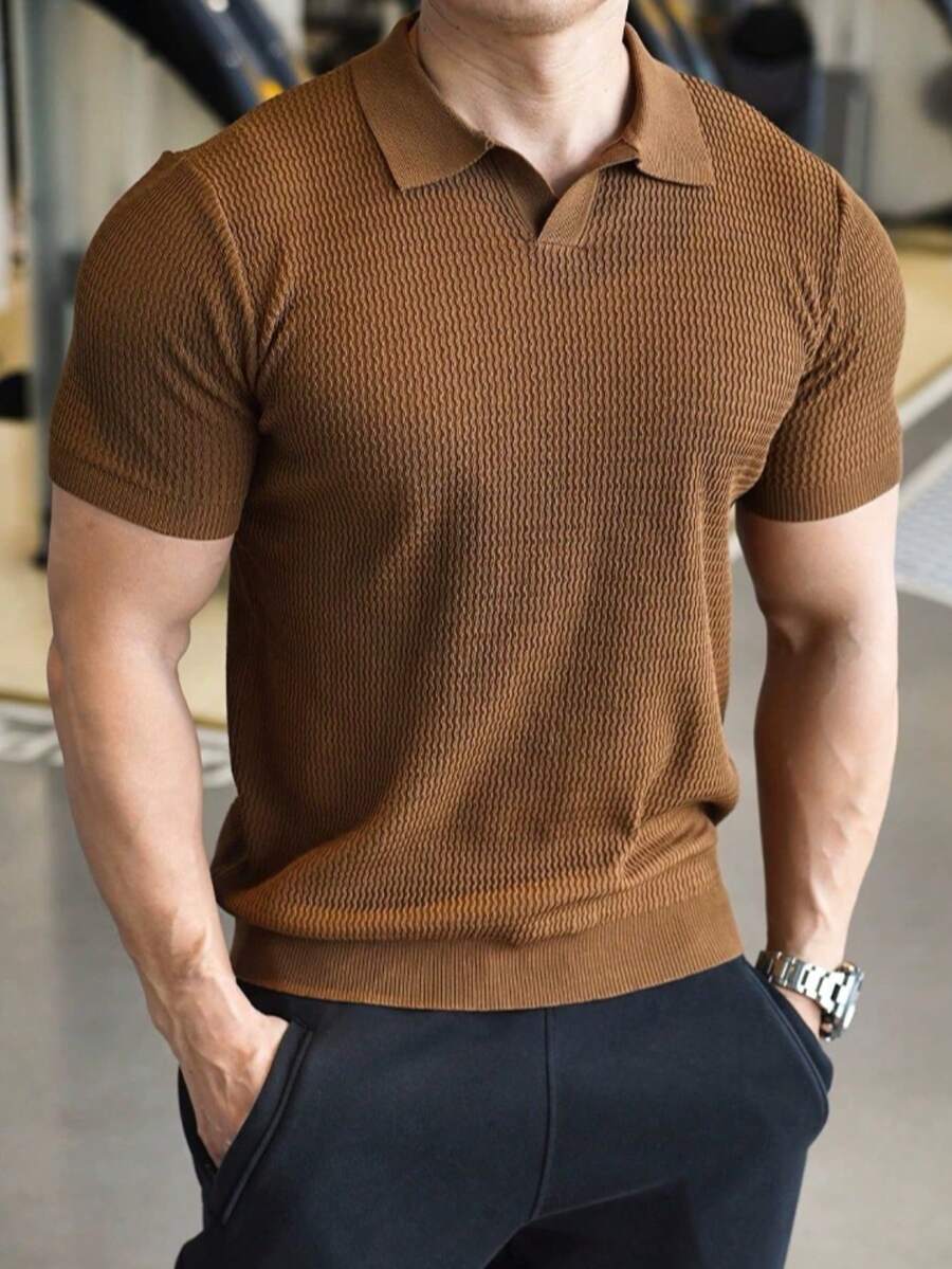 Men's Ribbed Cotton Polo Shirt With V-Neck – Sophisticated Style And Perfect Fit - Coffee Brown - View 1