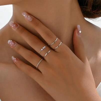 5pcs/Set Pearl Wave Shaped Combination Rings, Personalized Knuckle Rings For Women