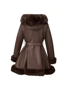 Giolshon Women's PU Leather Jacket With Faux Fur Lining, Hood And Belt - Minimalist & Fashionable, Suitable For Autumn/Winter - Chocolate Brown - View 7