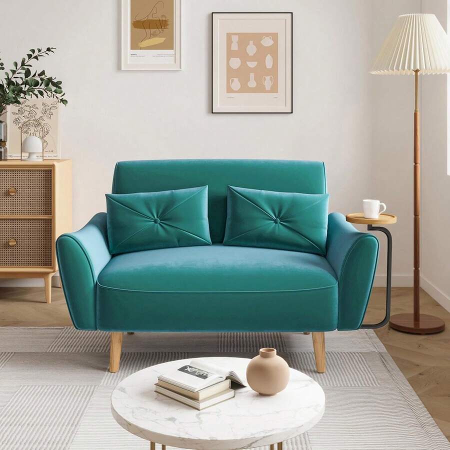 Loveseat Sofa, 47" Velvet Couch For Bedroom, Convertible Wooden Tray & Ergonomic Armrest, For Small Space, Apartment, Living Room, Home Office, Easy Assembly, Green,24327503 - 薄荷綠 - 查看 1