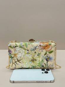 [Bolsa de noite brilhante] Nova bolsa de mão feminina da moda, bolsa decorada em formato de caixa, bolsa pequena quadrada brilhante de ombro/cruzada para noite, bolsa de noite com corrente floral bordada com lantejoulas, adequada para casamentos, festas, aniversários, bailes, etc. (padrão aleatório) - Multicolorido - Ver 5