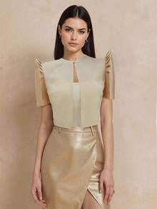 Amyenjoylife 现代菲律宾风情上衣，蝴蝶袖菲律宾风情上衣，夏季气质优雅泡泡袖短袖开衫上衣，菲律宾风情披肩 - 杏色 - 查看 4