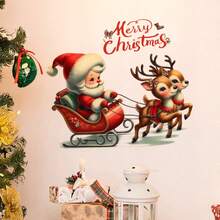 Adorable pegatina de pared de Papá Noel y renos - Calcomanía de PVC extraíble para sala de estar, comedor, entrada, dormitorio - Decoración navideña clásica con "Feliz Navidad" y adornos navideños, decoraciones navideñas, pegatina de ventana navideña extraíble, colgante de ventana navideño, decorativo/adhesivo/pegatina de pared para pared/dormitorio, decoración de pared para el hogar, tatuaje de pared autoadhesivo grande