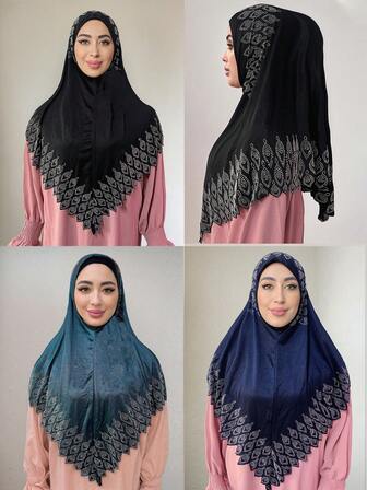 1件时尚优雅镂空花卉弹力方便水钻叶子穆斯林速戴头巾，适合女性搭配连衣裙