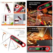 Termmetros para Carne Impermeable - Termmetro Digital de Cocina Inoxidable con Lectura Instantnea Pantalla LCD y Plegable de la Sonda de Metal Larga para Leche Barbacoa Parrilla Carne BBQ - DOS SONDAS - Ver 1