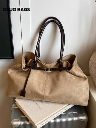 复古大容量拼布绒面革单肩托特包，休闲经典简约通勤手提包，适合女士，秋冬