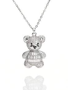 1pc Fashionable Elegant Cute Copper Inlaid Zirconia Bear Pendant Necklace, Jewelry For Women, Suitable For Daily Wear And Party/Holiday Style, Valentine's Day Couple Gift