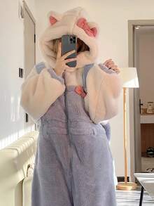 Bata de mujer con diseño lindo de gato de peluche, pijama con lazo azul y blanco de gato, bata de baño suave de peluche con diseño de dibujos animados, bata con capucha de manga larga forrada térmicamente para mujer con detalles de lazo rosa, ropa de dormir cálida para primavera/invierno con bolsillos, ropa de dormir linda, ropa de estar en casa cómoda, diseño juguetón, textura suave, ropa de casa de invierno de mujer de manga larga con talla grande, artículos esenciales de invierno, perfecta para Año Nuevo - Multicolor - Ver 4