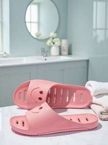 Women's Smiling Face House Slippers, Suitable For All Seasons, Indoor Home, Bathroom Use. Breathable Perforated, Quick-Drying, Lightweight, Anti-Bacterial, Odor-Resistant PVC Shower Slippers. Pink Massage Slippers, Soft & Comfortable, Arch Support, Summer Slides - Pink - View 6