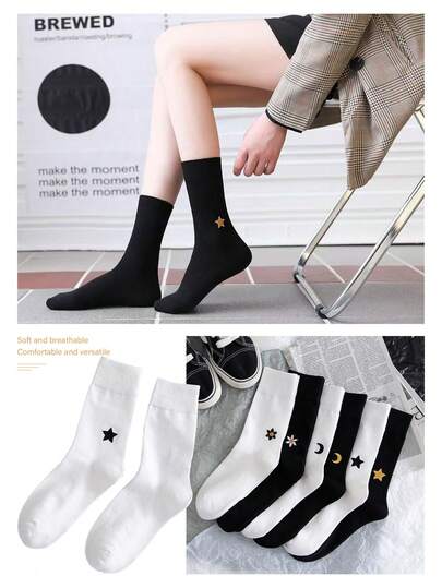 1 Pair Moon & Star Embroidered Socks, Women's Autumn/Winter College Style Sports Socks, Mid-Calf, Warm & Breathable