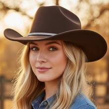 Rhinestone Western Cowgirl Hats Fashionable Wide Brim Party Fedora Caps For Women And Men - 咖啡棕 - 查看 4