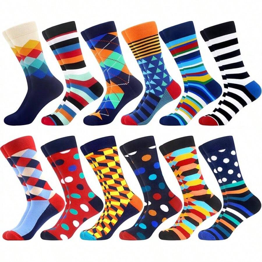 Men's Funny Novelty Crazy Pattern Dress Socks For Gifts - 紅/黃/藍/黑/多色幾何-12米 - 查看 1