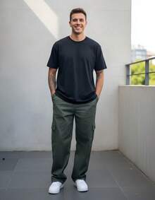 Ondway Men's Dark Green Cargo Pants With Drawstring Waist And Slight Stretch Long Loose Casual Trousers Streetwear Skateboard Unisex - 墨綠色 - 查看 2