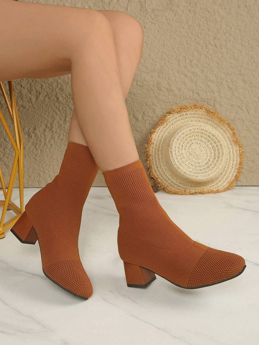 2025 秋冬新款方头中筒棕色高跟粗跟弹力靴女靴 - 棕色 - 查看 1