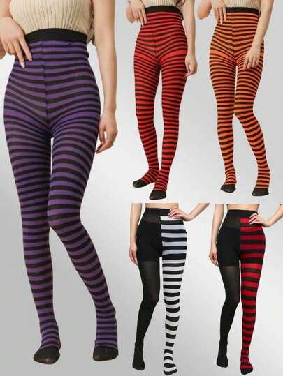 1pc Fashionable Striped Tights, European & American Popular Christmas Striped Pantyhose, Women's Tight Contrast Color Socks