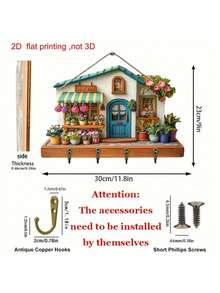 2D flach, 1 Stück, bunte Holz Blumen Stadt Multifunktions Schlüsselhalter Rack (30 cm x 23 cm), (20 cm x 13 cm) zwei Größen, mit 4 Metallhaken - 2D Flachdruck, Wanddekoration, Eingangsbereich Dekoration, Raumdekoration, Villa Dekoration, Ganzjährige Heimdekoration Küchendekoration