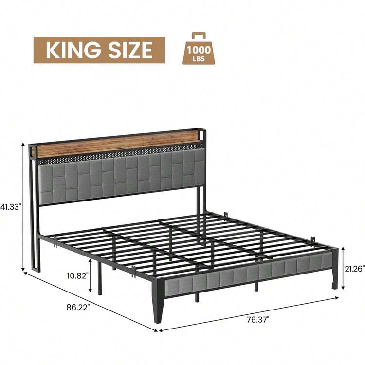 Cama King Size Metálica con Cabecera y Piecera de Madera, Espacio de Almacenaje, Luces LED Ajustables y Puerto de Carga, Sin Box Spring, Color Gris - Gris - Añade 8