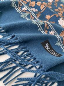 1pc Women's Autumn/Winter Faux Cashmere Embroidered Scarf, Thick Warm Tasseled Embroidered Bohemian Style Travel Shawl Poncho - Blue - View 3