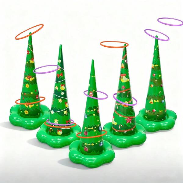 1 Set PVC Inflatable Christmas Tree Ring Toss Santa Claus Throwing Ring Party Outdoor Game Toy (Ring Color Random)