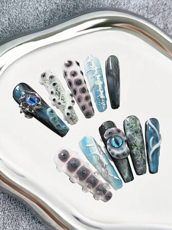 45 mm extra långa kistnaglar handgjorda press-on-naglar – flerfärgade toppar med ögon- och tentakeltillbehör, glitter, spegelpuder, kattögontoning, handmålade 3D-mönster, färgkontrastdesign – heltäckande konstgjorda DIY-glansigt konstgjorda naglar, 10 st/förpackning