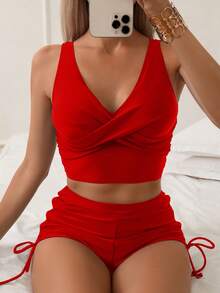 Conjunto De Tankini De Espalda Cruzada Descubierta De Unicolor, Para Playa En Verano,Bikini,Traje De Baño 2 Piezas,Trajes De Baño Mujer Dos Piezas,Trajes De Baño Mujer - Rojo - Ver 4