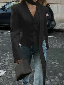 Women's Elegant Blouse With Fashion Scarf Patchwork Tie-Front Casual Commuter Blazer, Solid Woven Fabric, Button Closure - Black - View 5