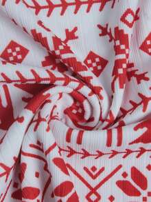 两件套女士休闲圣诞新年罗纹印花针织抽绳长袖上衣和裤子家居服套装，适合居家穿着，冬季服装 - 紅色 - 查看 11