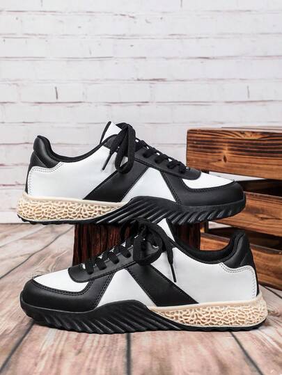 Classic Black & White Panda Color Round Toe Lace-Up Men's Casual Shoes, Fashionable And Versatile American Retro Style, Comfortable , Suitable For Outdoor Sports, Work Commute, Travel, Dating, Christmas And New Year Gifts