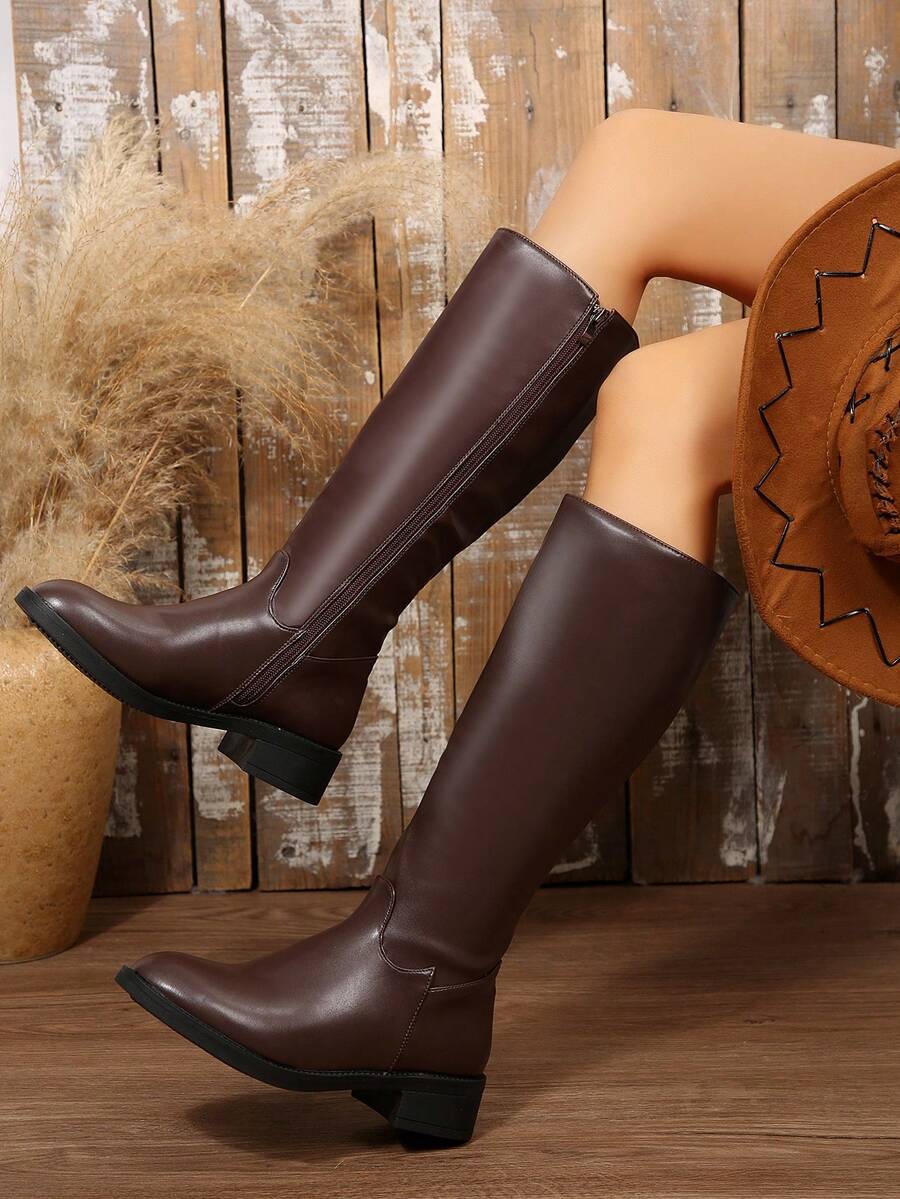 Women's Flat V-Cut Elastic High Tube Boots, Autumn/Winter New Square Toe Slim Soft Material Tall Boots - Coffee Brown - View 1