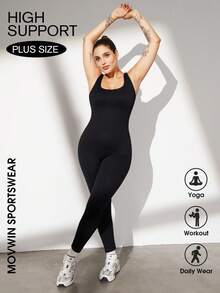 加大码曲线女士运动服瑜伽服无缝健身运动高支撑吸湿排汗锻炼透气户外加大码曲线收腹高弹力肩带健身女装女士无缝瑜伽紧身衣 - 黑色 - 查看 5