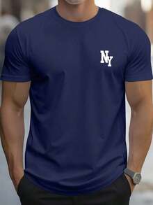 Manfinity Homme Men's Casual Letter Print Short Sleeve-Shirt, Summer - Màu xanh hải quân - Xem 1