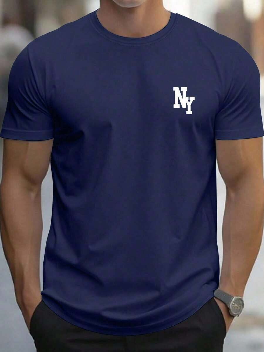 Manfinity Homme Men's Casual Letter Print Short Sleeve-Shirt, Summer - Màu xanh hải quân - Xem 1