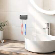 Soporte para cepillo de dientes montado en la pared con tapa para el baño, organizador de almacenamiento de cepillo de dientes para la ducha, colgador de cepillo de dientes autoadhesivo con dispensador de pasta de dientes automático - Negro - Ver 6