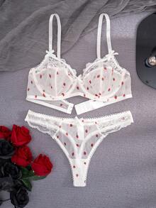 1 Conjunto de lencería cómoda para mujer con estampado de fresa blanca, encaje y lazo, con aros - Blanco - Ver 4