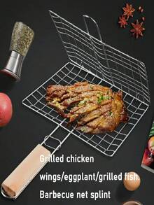 1 pieza Rejilla de acero inoxidable antiadherente multiusos, estilo de camping al aire libre con forma de rejilla desmontable y portátil para parrilla de barbacoa con mango de madera para asar alitas de pollo, berenjena, pescado, perfecta para fiestas de barbacoa de verano, picnics y eventos de parrilla en el patio trasero