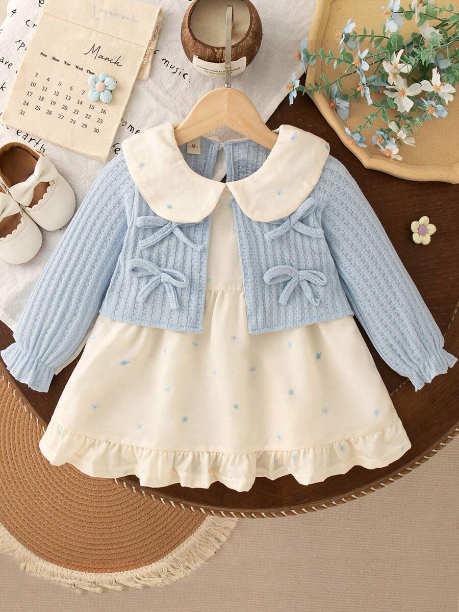 女宝宝甜美碎花领蝴蝶结长袖拼布公主裙，适合春秋季