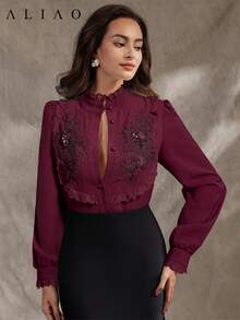 Aliao Spring/Summer Luxury 3D Floral Embroidery Ruffle Hem Blouse, Bohemian Style Business Casual Elegant Shirt For Wedding Party, Suitable For Valentine's Day, Wedding, New Year, Office, Outfit - Burgundy Vacation - Burgundy Red - View 2